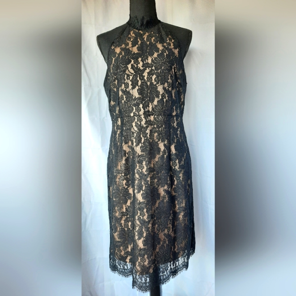 San Souci Black Lace Dress Halter Neck Stretch Midi Lgth Dark Floral